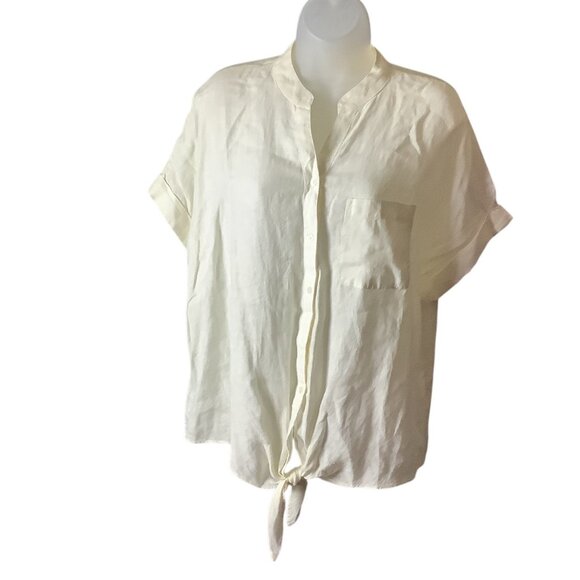 Charter Club Women’s White Linen Button Front Tie Hem Shirt Size M Collarless - Picture 1 of 16